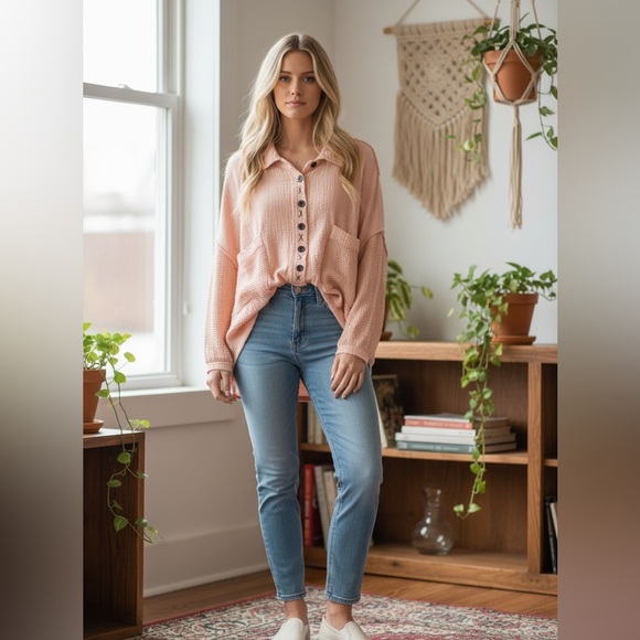 POL Tops - POL  Cotton Gauzy Style Buttonfront Loose Fit Pink Button-Up Waffle Knit Top